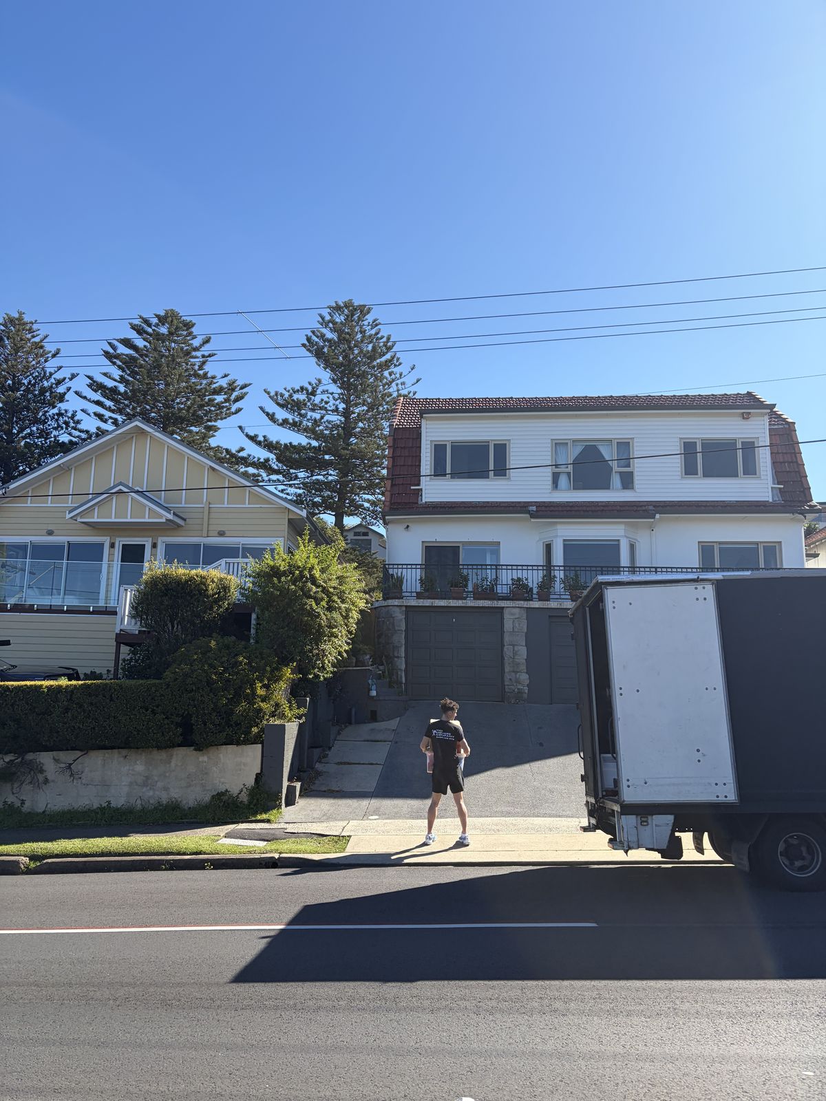 Jet walking up to a house with a moving box